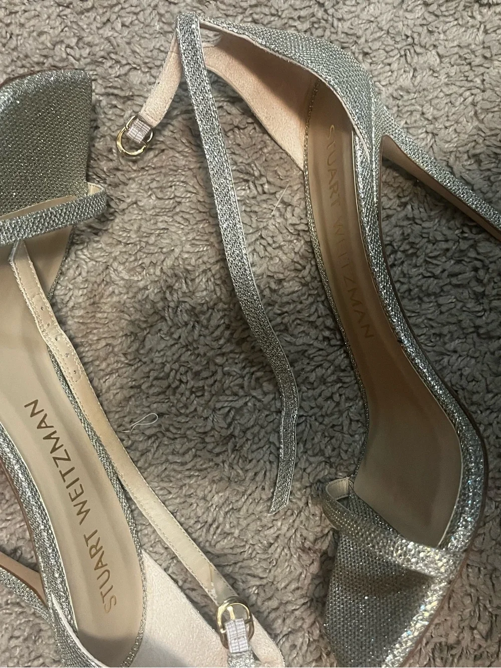 Stuart Weitzman Glitter Silver Ankle-Strap Heels